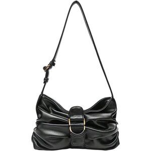 Women's Black Y2k Buckle Shoulder Vintage Punk Ruched Hobo Funky Leather Bag